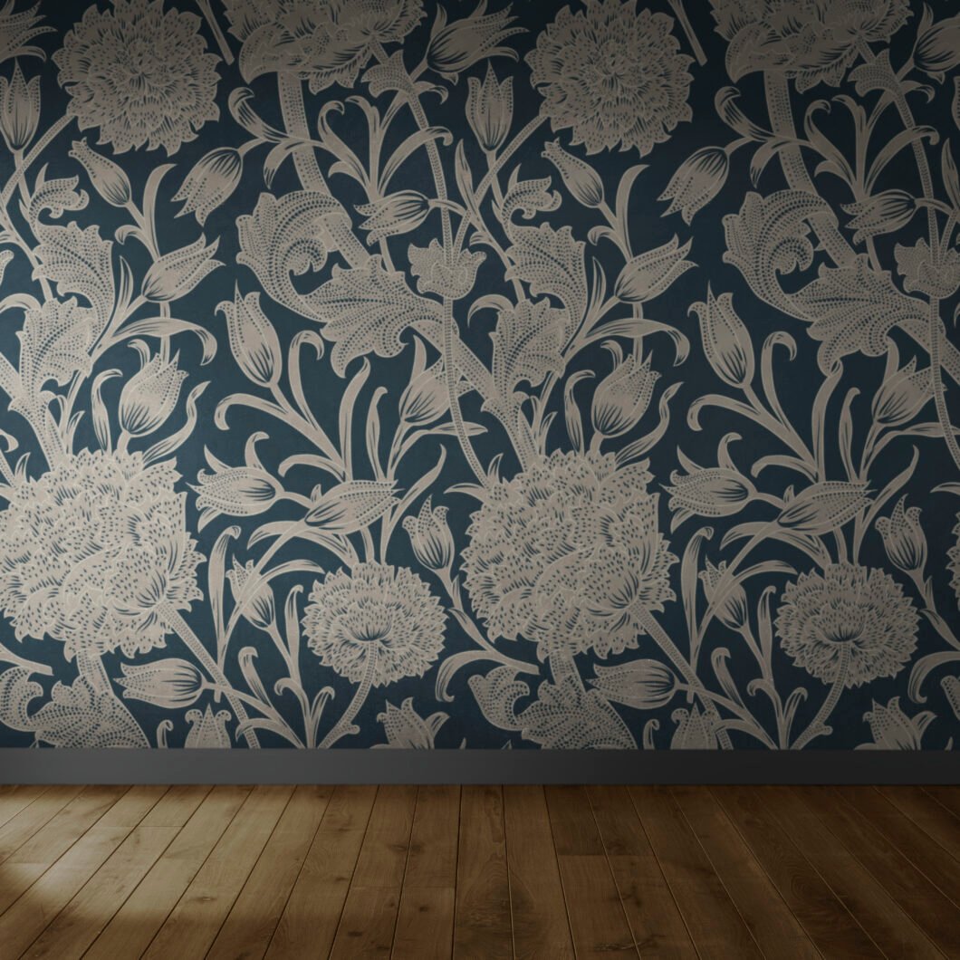 Floral wallpaper in an empty room with wooden floor